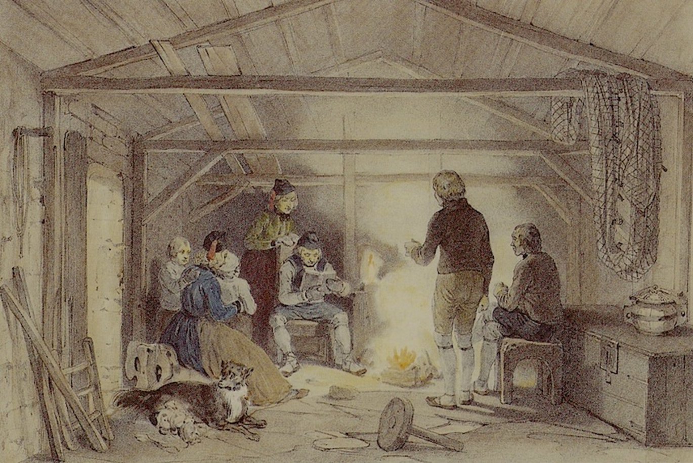 A drawing of several people inside a house. A man is reading from a book, with a woman standing behind him, looking down on the book. Everyone is gathered around a fire, and several other people are both standing and sitting down, listening to the story.