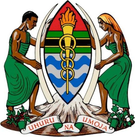 A dark-skinned man and woman each on their side of the coat of arms. Text "Freedom and Unity" in Swahili is at the bottom 