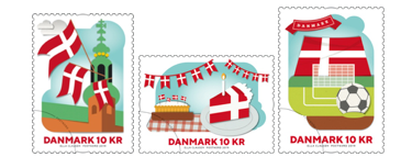 Three postal stamps all using Dannebrog in different ways