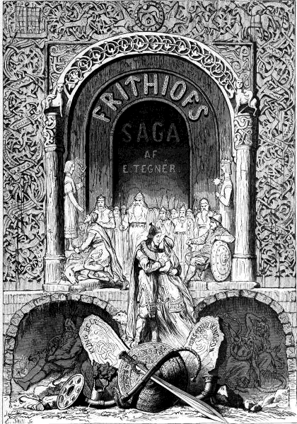 A picture of a black and white cover illustration. A range of medieval weapons in the foreground, a couple hugging in the middleground. In the background, there are a lot of people standing at the entrance of a building. At the entrance, FRITHIOFS SAGA' is written.
