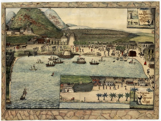 A painting of the harbor in Chrisitansted in 1815. It looks very busy and surrounded with people on shore and boats in the water.