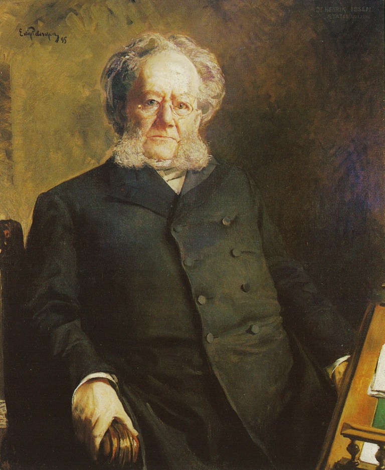 A painting of Henrik Ibsen, an elderly man with grey hair and beard, sitting down wearing a black long trenchcoat.