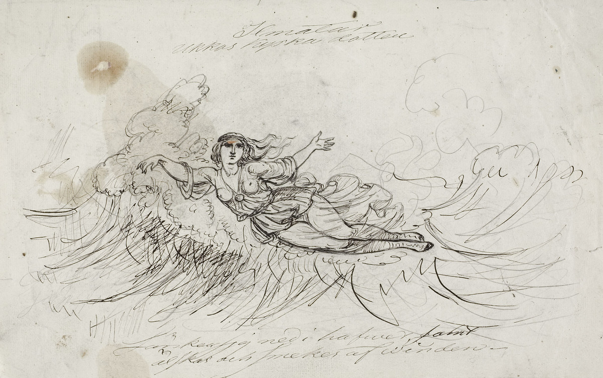 A sketch of a drawing with a woman floating on top of foamy waves at sea. She is naked from the waist down and wearing only a thin see-through short dress. Her arms are gracefully spread out as if she is controlling the waves. Behind her, long hair floats in the wind.