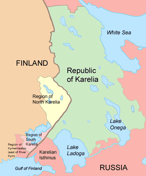 A picture of a map depicting the border between Finland, North- and South Karelia, the Republic of Karelia, as well as smaller landmarks, seas, and lakes.