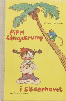 A book cover of Pippi Longstocking, a girl in orange braids, sitting in a swing