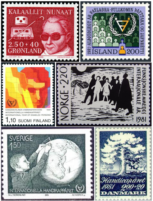 Six postal stamps from Nordic countries: Greenland, Iceland, Finland, Norway, Sweden and Denmark