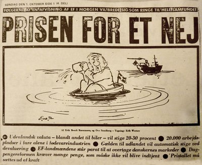 A newspaper clipping with cartoon of a make politician baling out water from a small, sinking ship with the Danish flag on, with a drak bigger, stronger ship in the background. Small writing.