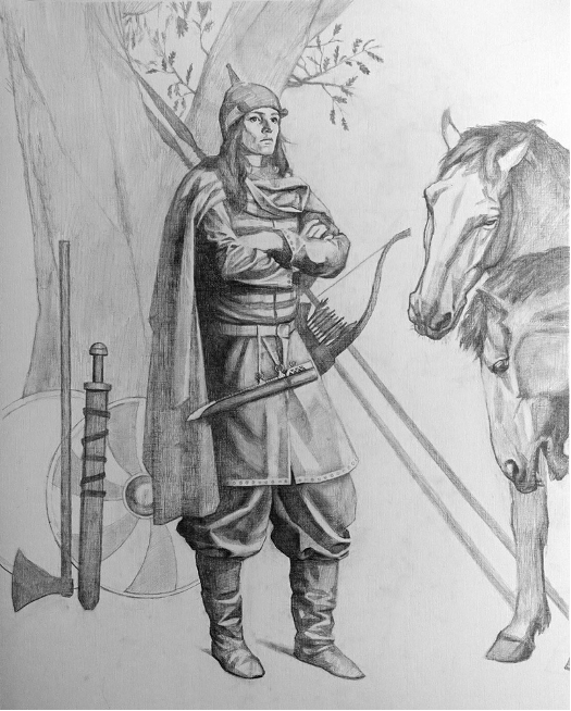 A picture of a woman standing up with crossed arms, wearing layers of medieval clothes with a bow on her back. Behind are are various kinds of weapons like a long axes and a word. To her right, there is a horse.