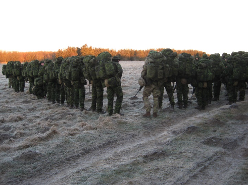 Conscripted soldiers on a cold day during a drill.