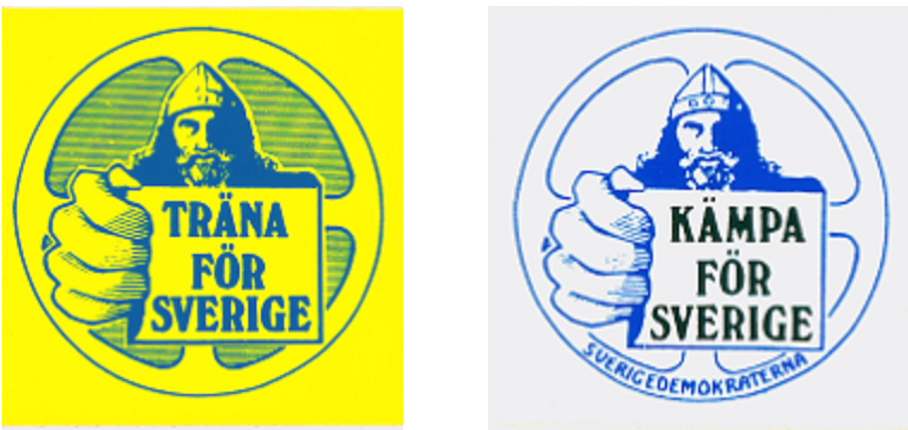 Two logos. Both showing a Viking male figure holding a sign that says "Training for Sweden". The first logo is blue with a bright yellow background. The other logo is without the yellow background.