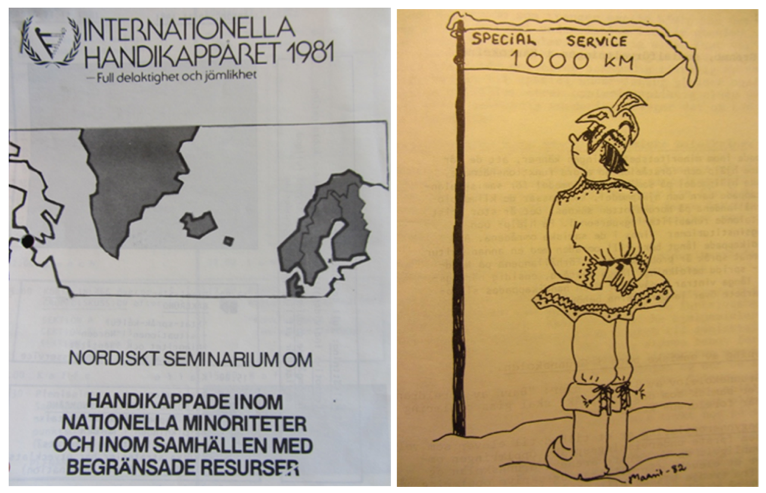 Cover and illustration (p. 67) from the Nordic seminar report “Disabled persons among national minorities and societies with limited resources”, Samarbetsrådet för handikappsfrågor i Svensk-Finland, Ålands Landsskapsstyrelse, Helsinki 1981 (1982). Photos: Anna Derksen.