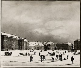 A black and white painting of a public square called Kongens Nytorv with adult walking and children playing.