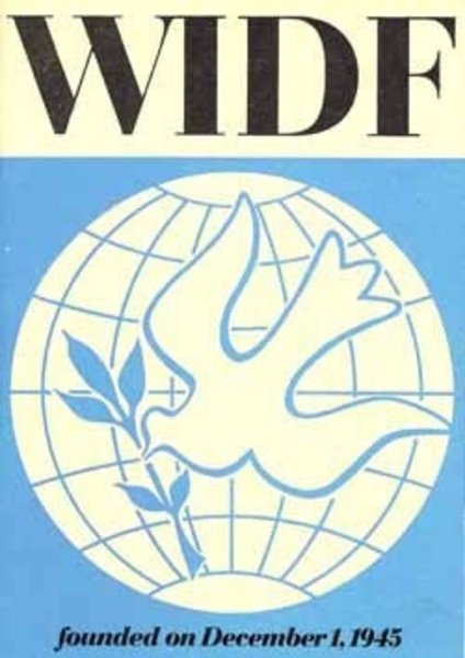 A poster with a white logo of a bird in front a globe on a blue background. In the top of the poster a black text says "WIDF" on a white background. Beneath the logo is the text "founded on December 1, 1945.