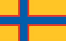 The Ingrian flag. yellow background with a blue cross with a line outline of red around the cross