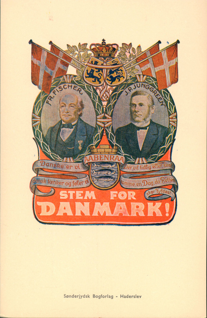 Poster showing two portraits of elder men in suits with the writing "STEM FOR DANMARK" which translates into "VOTE FOR DENMARK"