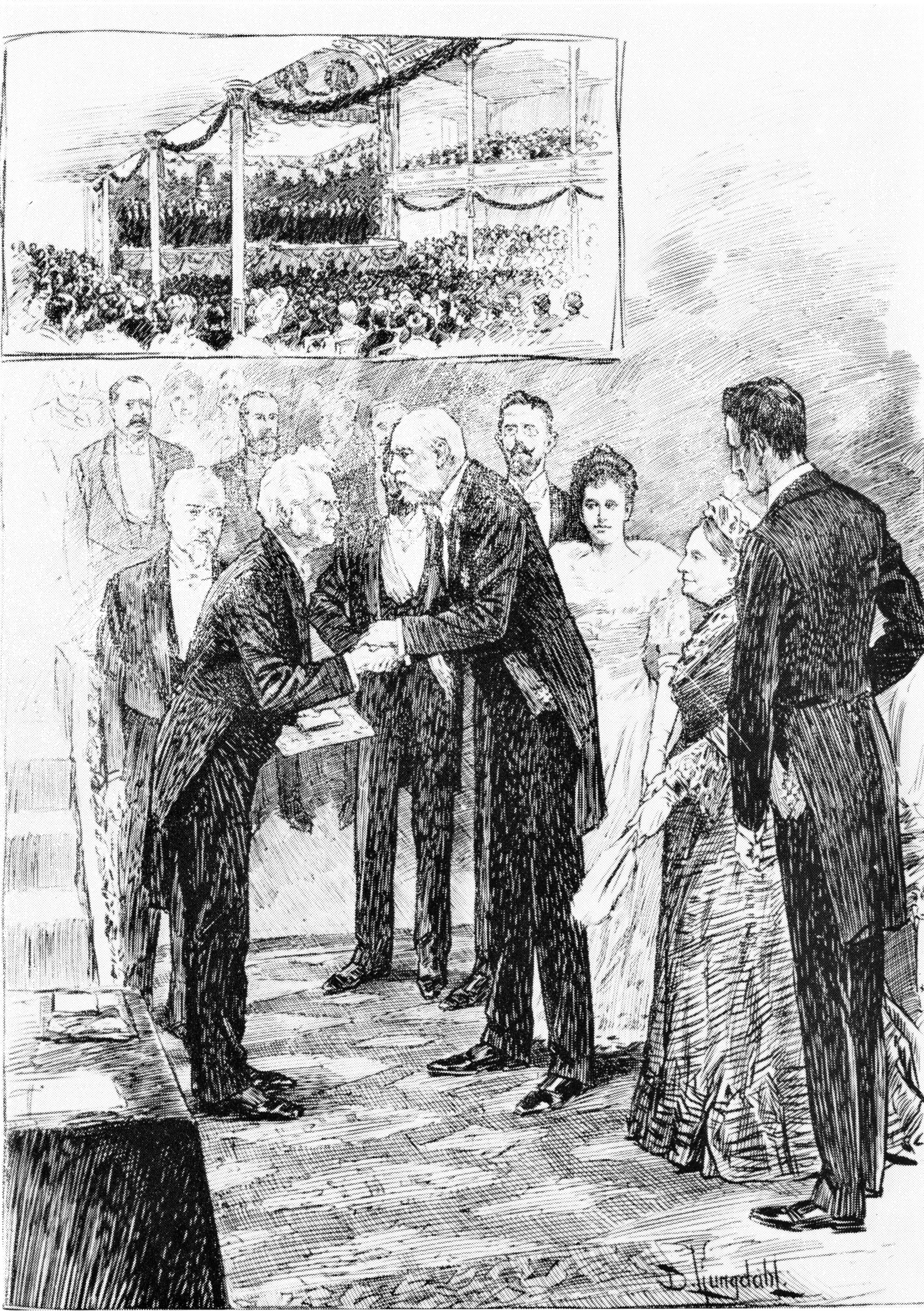 Drawing of Bjørnestjerne Bjørnson receiving a Nobel prize. In the background, there are people.