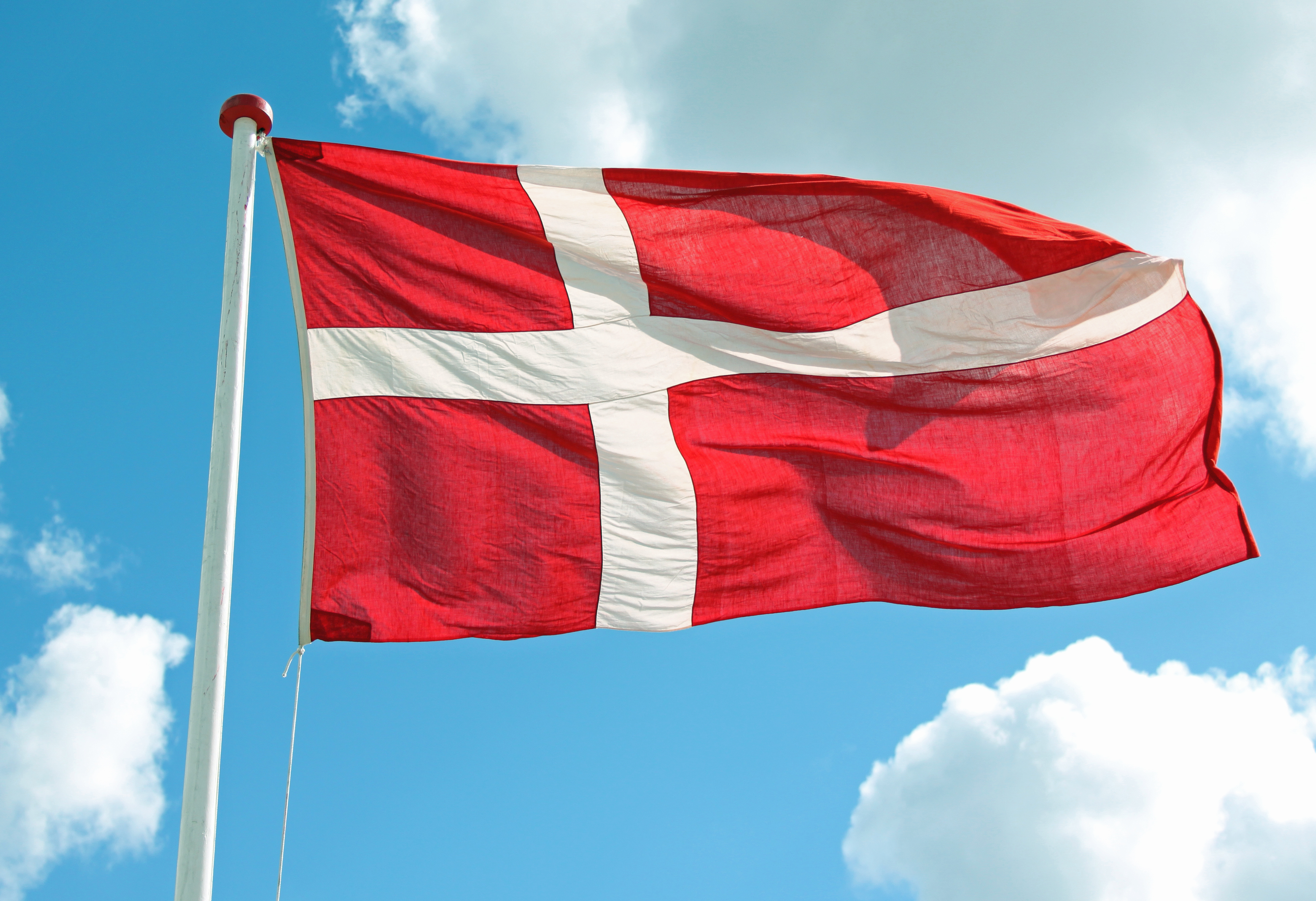 The Danish flag, Dannebrog, coloured red and white waving in the air
