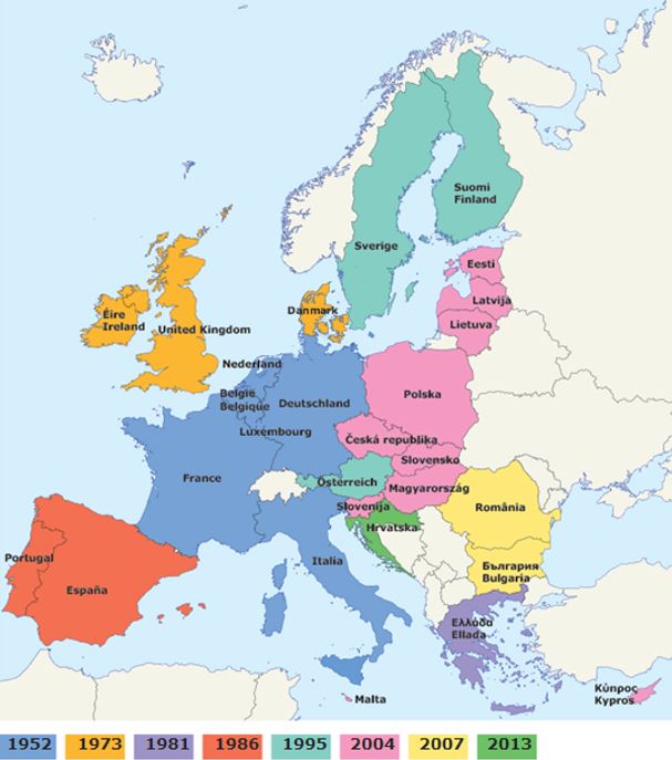 Map in various colours showing the growth of the now-called European Union, from the original six countries of the EEC to 28 members in 2019