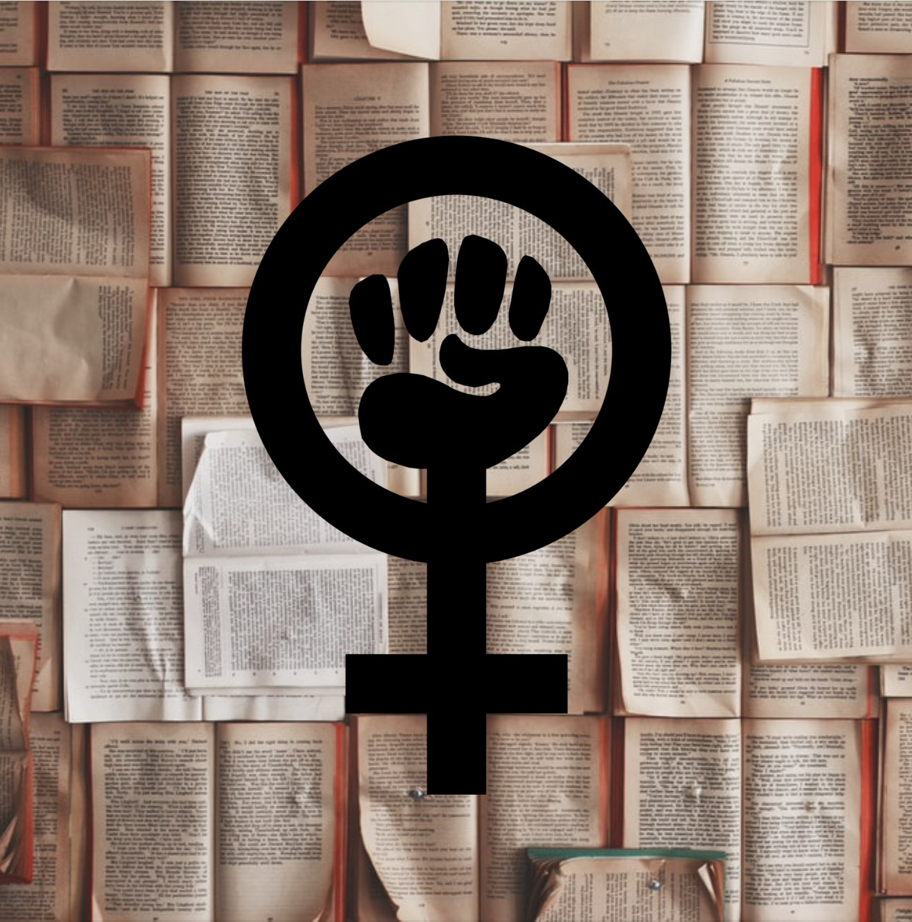 The logo for feminism (a fist with the woman gender symbol) with books in the background.