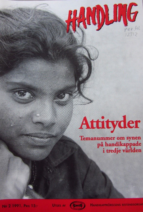 Picture of a girl looking out at you on the front cover of a magazine of the Swedish umbrella disability organisation from 1991