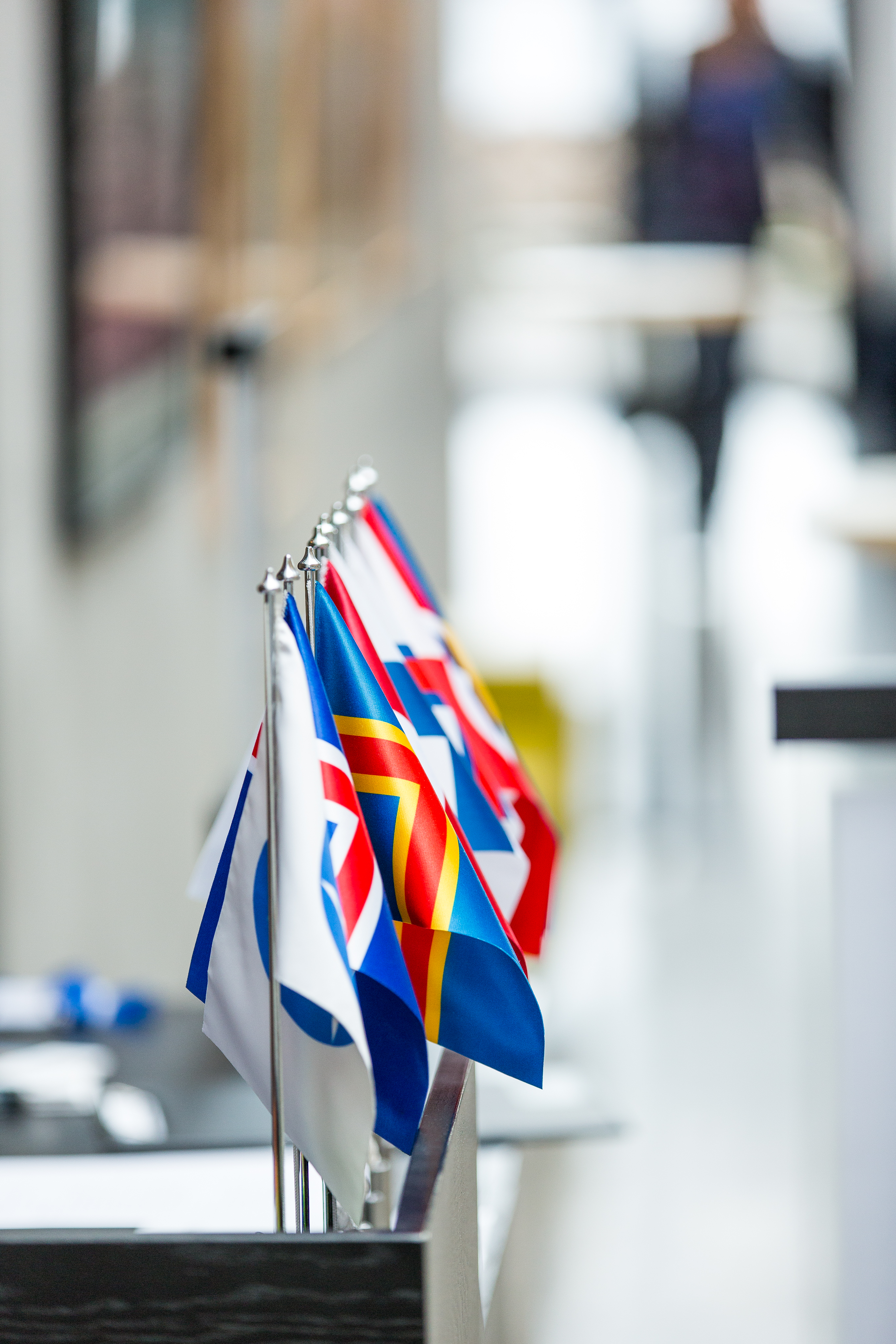 Assortment of Nordic flags on a desk