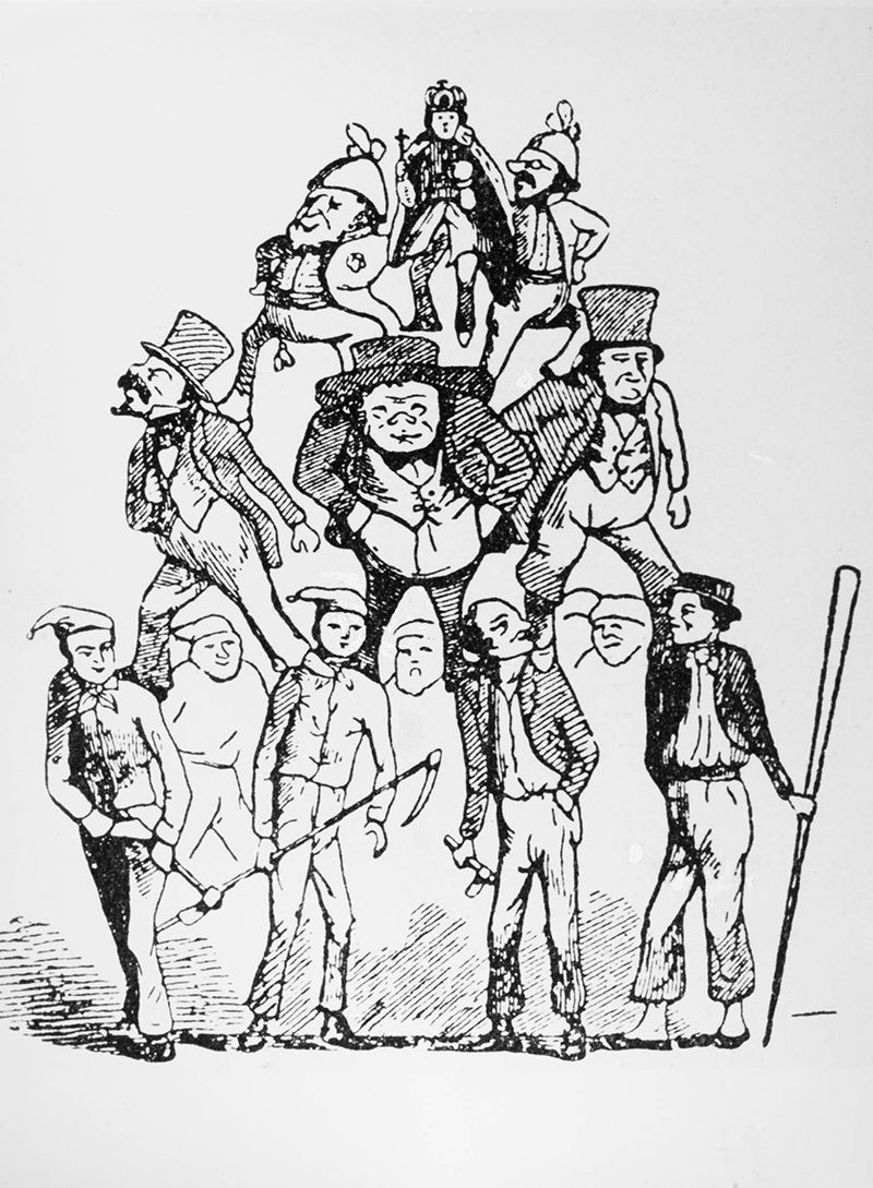 Caricature of people in a pyramid: King at the top, supported by the upper class with floss hats, again supported by the many workers