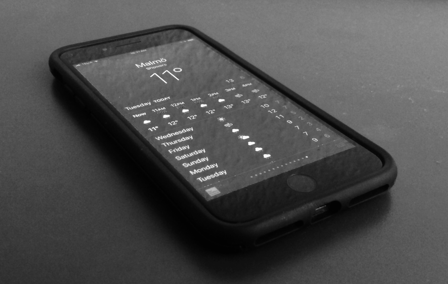 Black and white photo of a smart phone screen